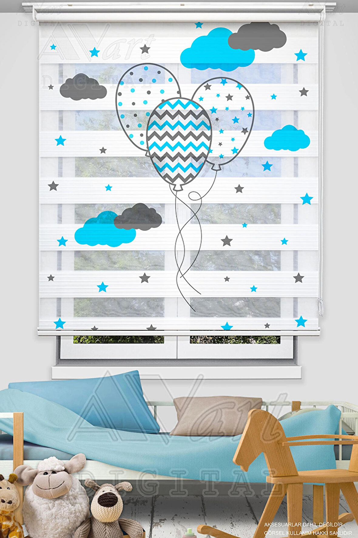 Uçan Balon Baskılı Çocuk Odası Perdesi - Mavi Gri - Dijital Baskılı Zebra Stor Perde