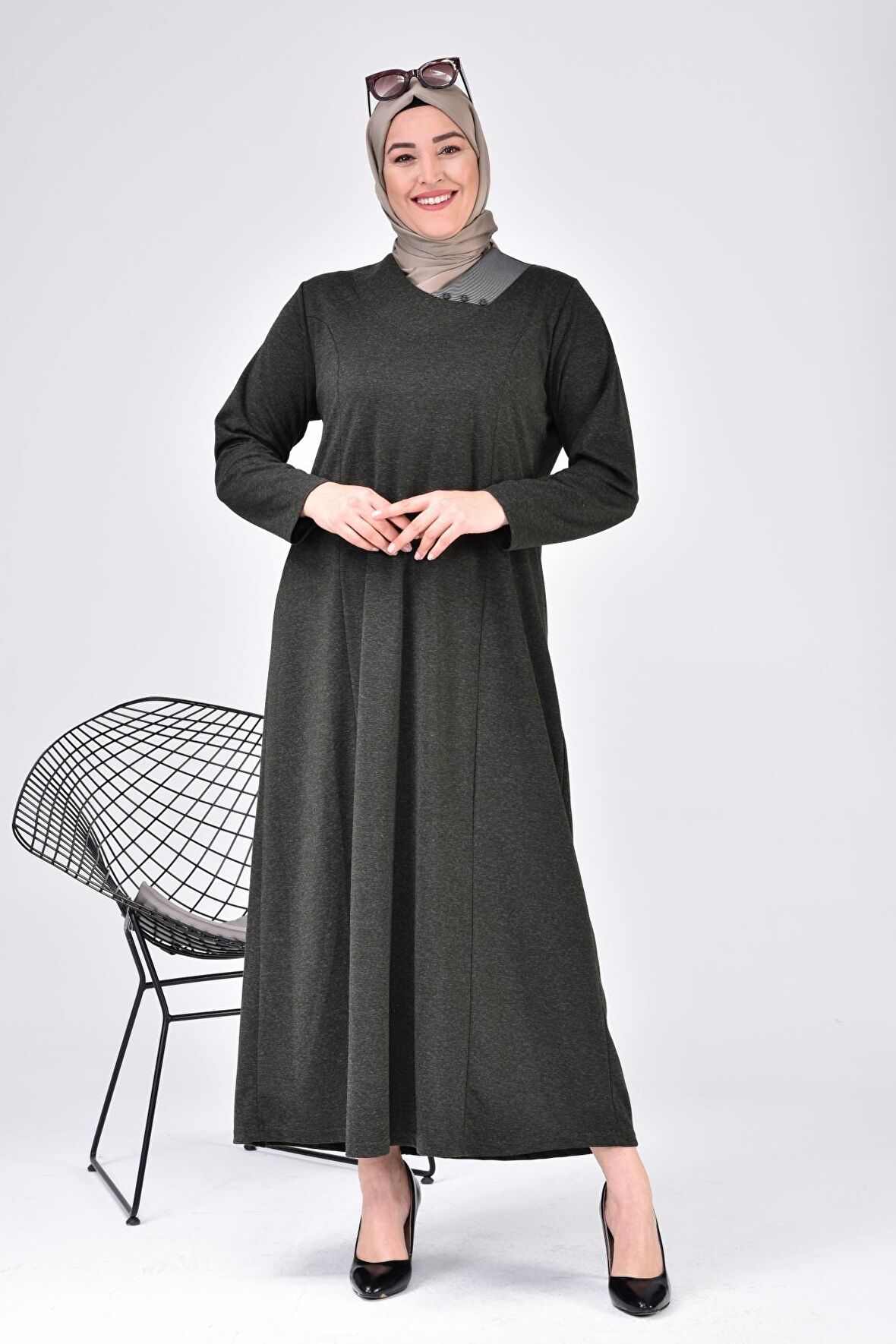 Kadın Büyük Beden Ay Yaka Anne Elbise Uzun Tesettür