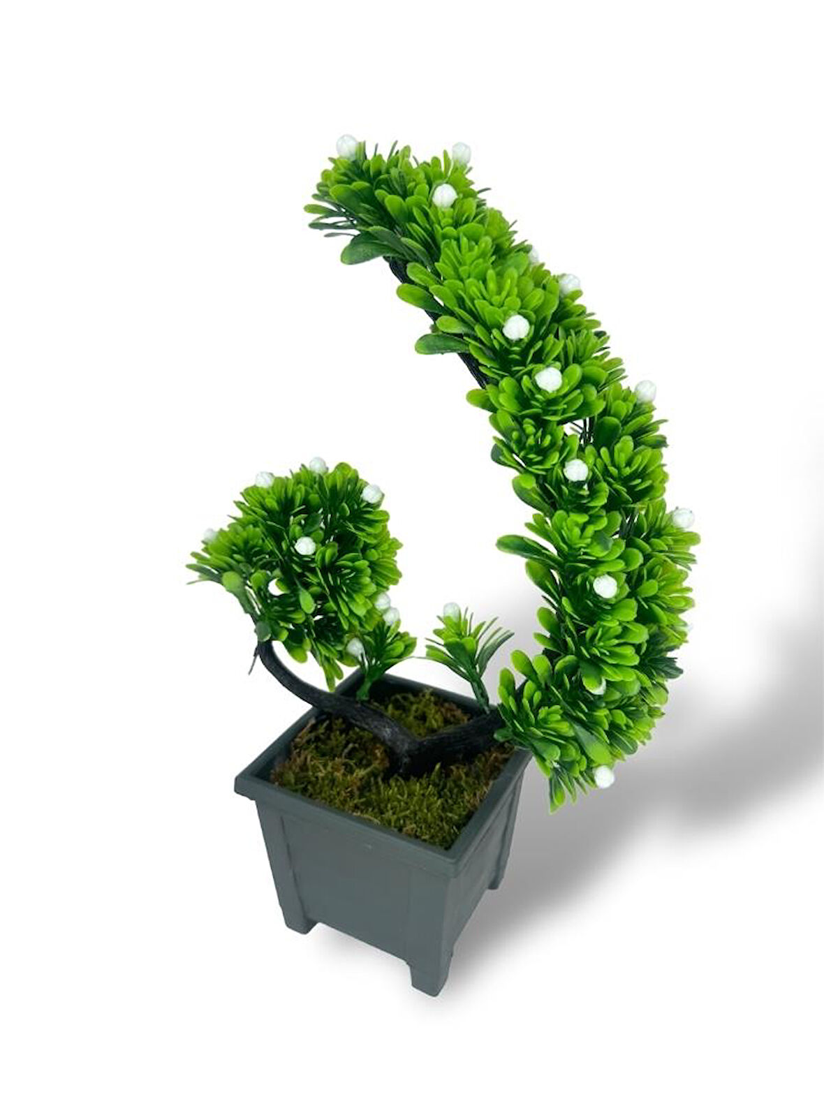 Yapay Çiçek Bonsai Ağacı Beyaz Eğik Model Dekoratif Yapay Ağaç Bonzai 30*22 CM Siyah Kare Saksıda