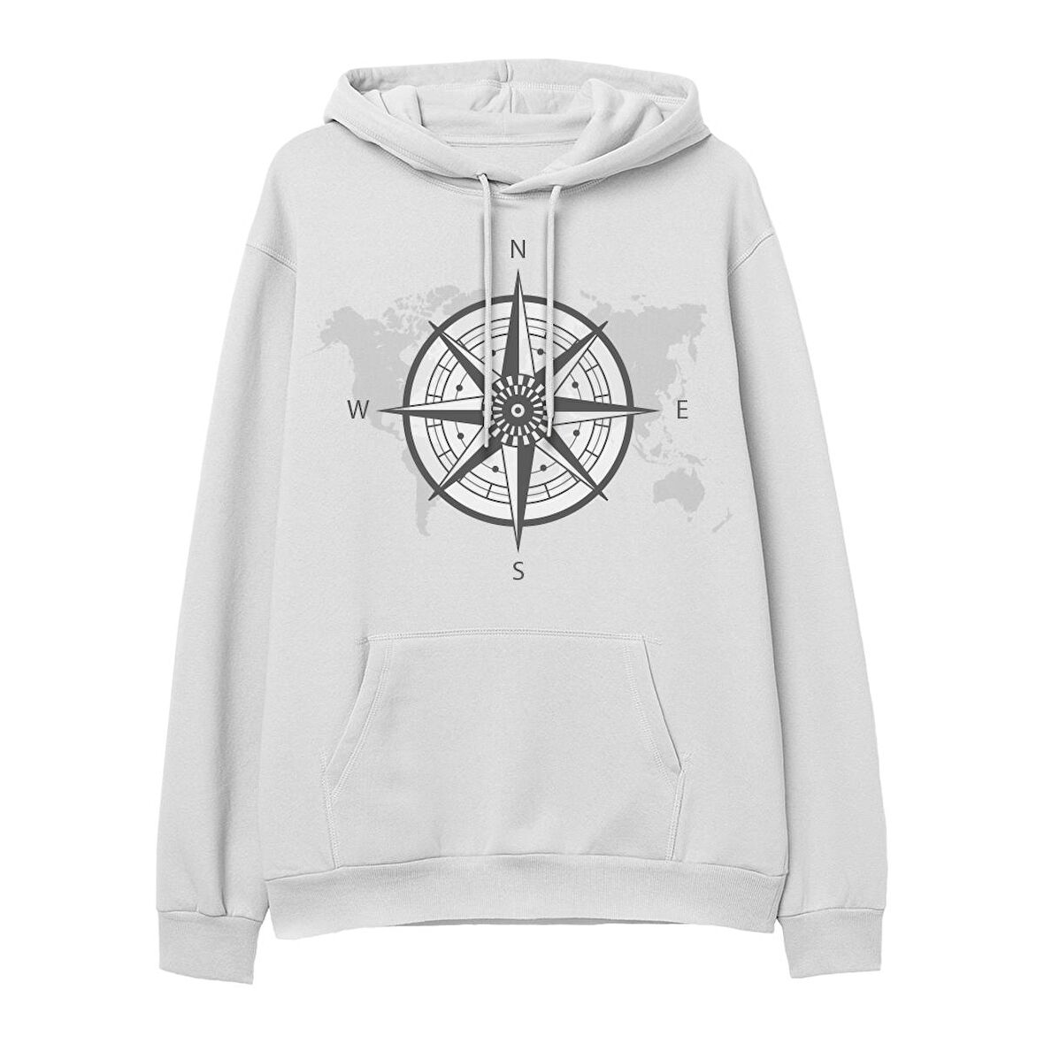 Compass Map  Baskılı Beyaz Hoodie