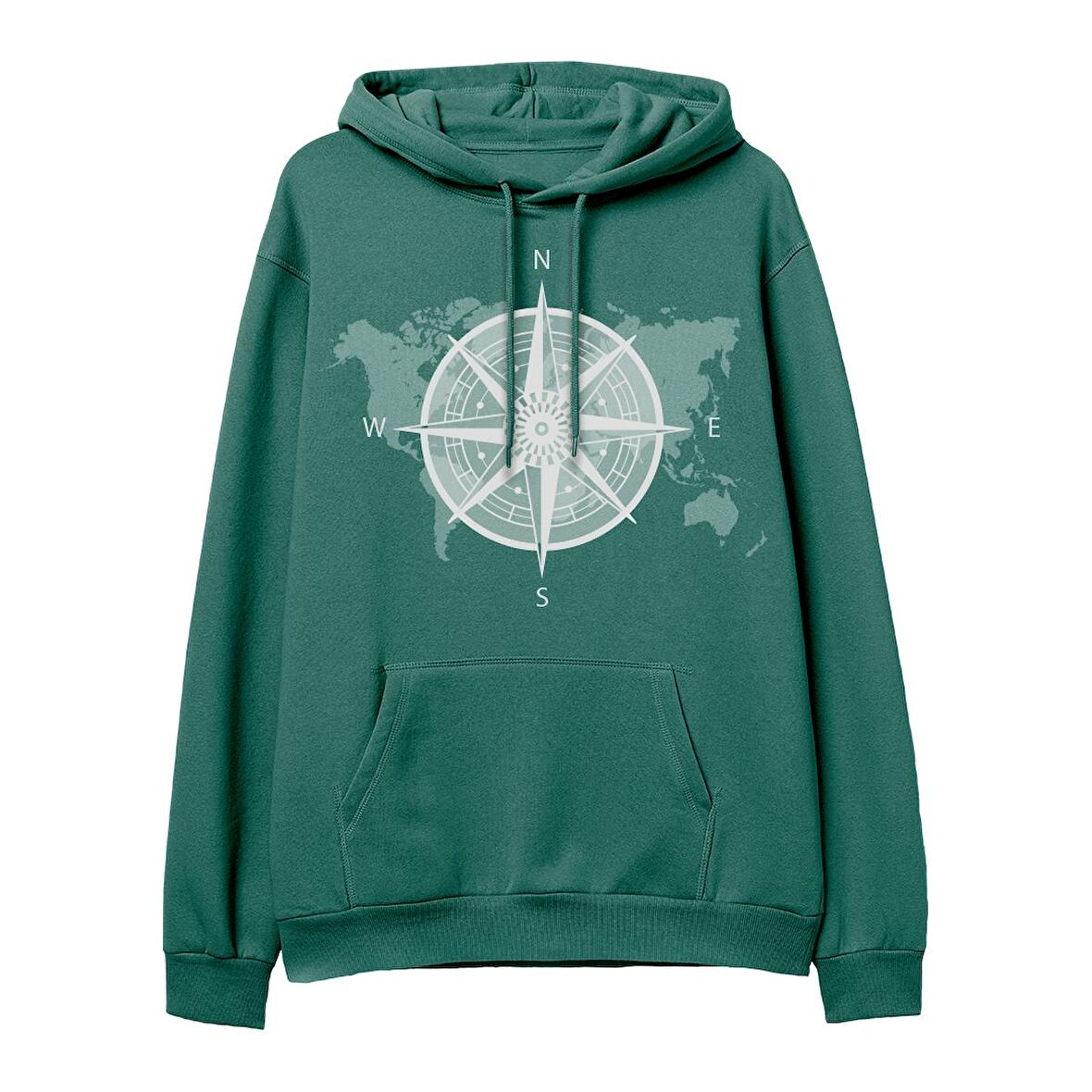 Compass Map  Baskılı Yeşil Hoodie