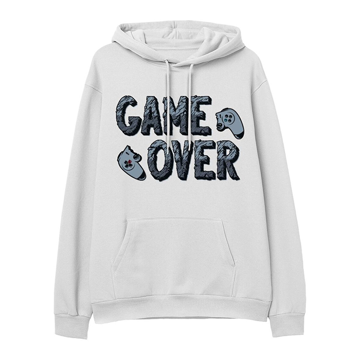 Game Over  Baskılı Beyaz Hoodie