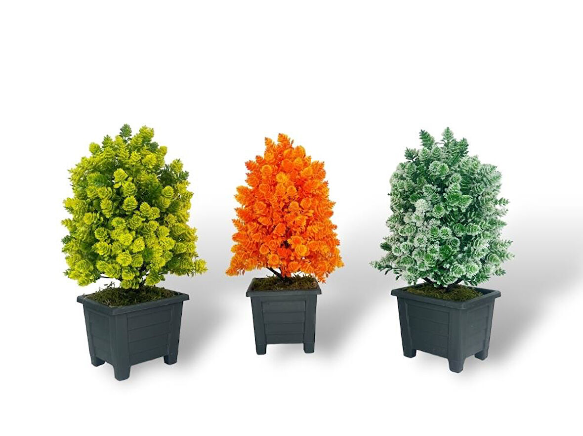 3lü Set Yapay Çiçek Bonsai Ağacı Kozalak Model Dekoratif Yapay Ağaç Bonzai 30*15 CM Siyah Kare Saksıda
