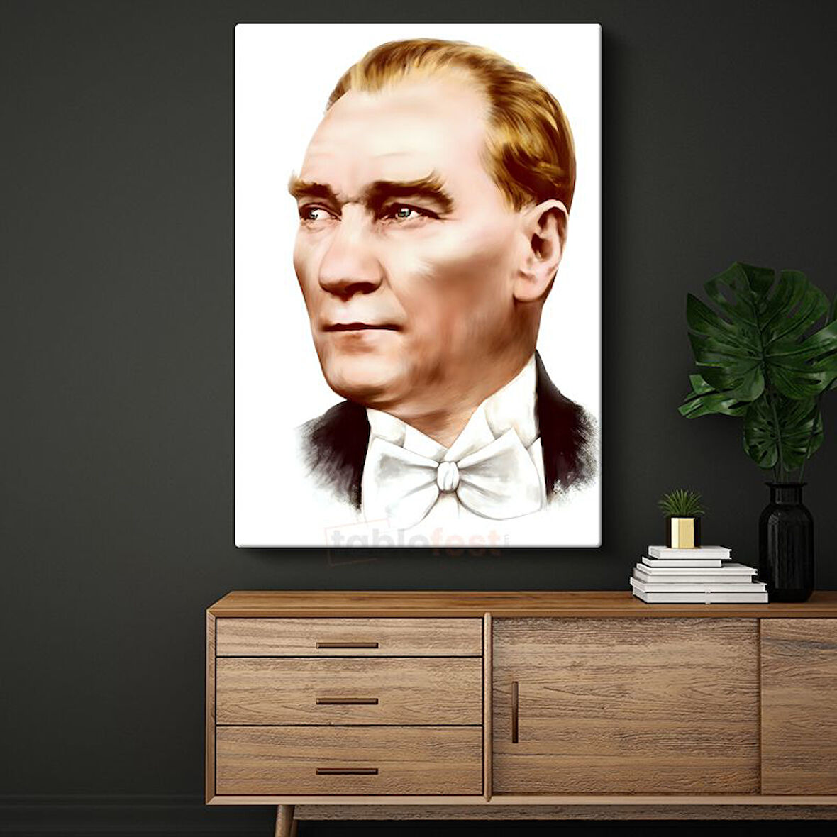 Beyaz Papyonlu Atatürk - Modern Çizgili Portre Kanvas Tablo