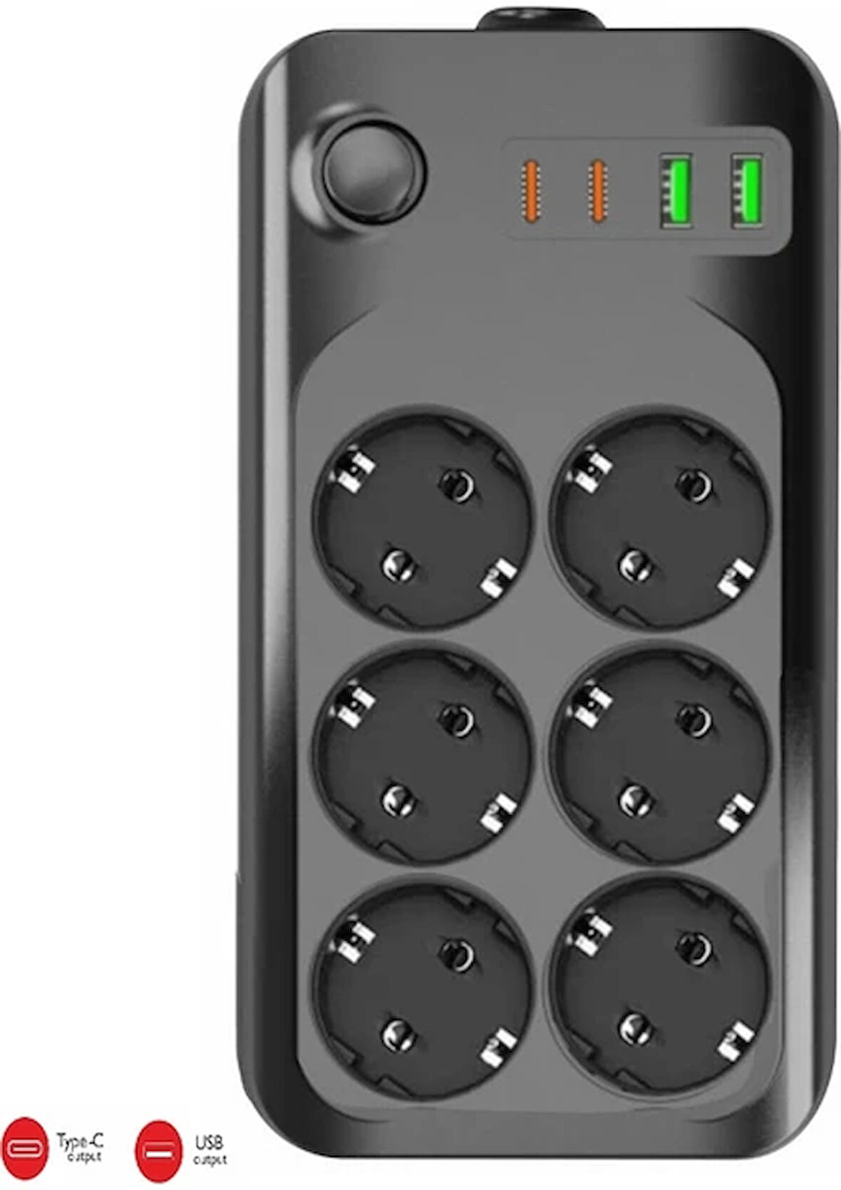 WINNBOSS 3421 Termal Akım Kısa Devre Korumalı 6lı Priz 2xUsb 2xType-C 2mt Anahtarlı Uzatma Kablosu