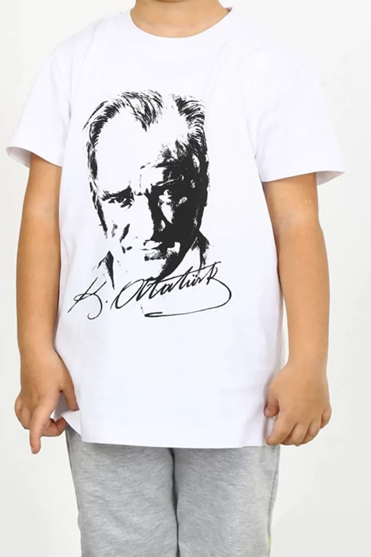 Beyaz Siyah Atatürk Baskılı Unisex Çocuk Tişört