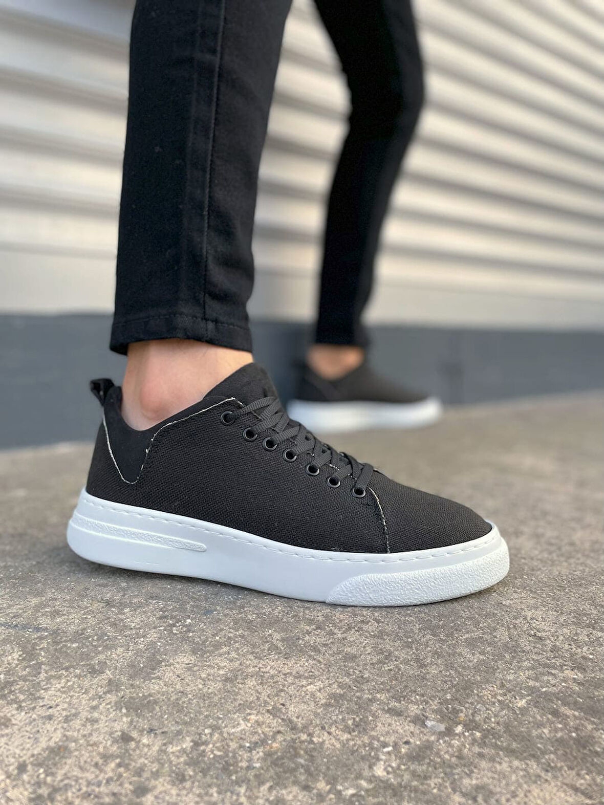 Siyah Beyaz Flex Bağcıklı Keten Kumaş Erkek Günlük Sneaker Ayakkabı
