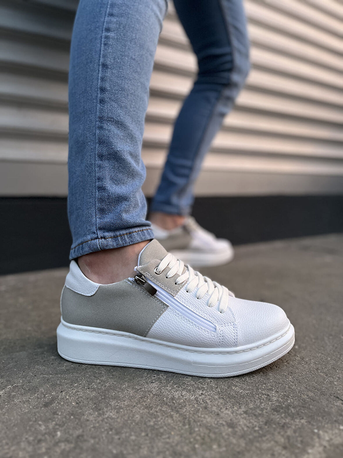 Warrior Bağcıklı ve Fermuarlı Cilt Süet Erkek Günlük Sneaker Ayakkabı CSBT - Beyaz/Gri