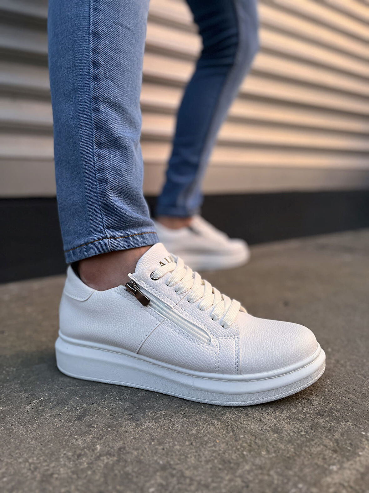 Warrior Bağcıklı ve Fermuarlı Cilt Erkek Günlük Sneaker Ayakkabı CBT - Beyaz