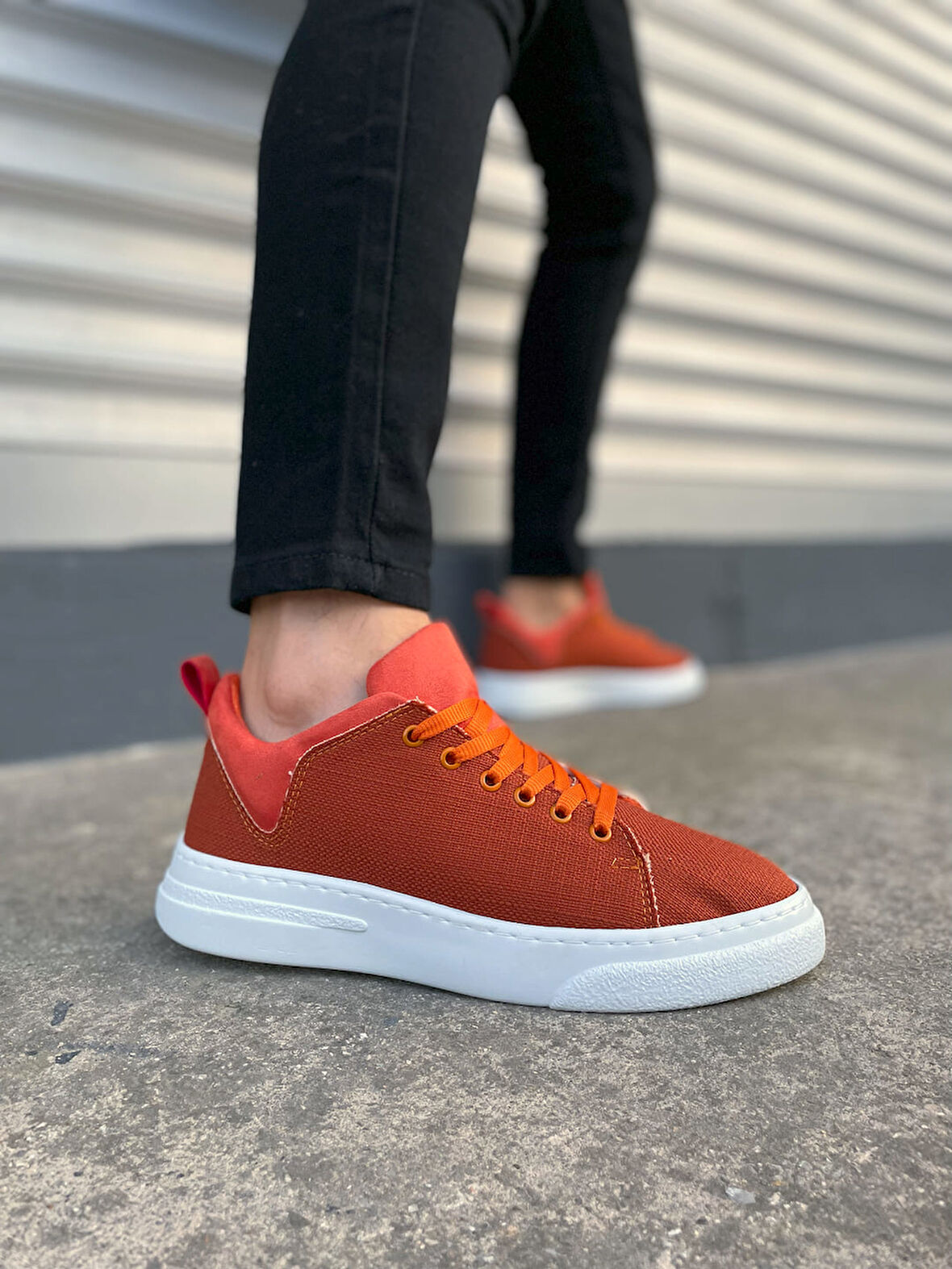 Turuncu Flex Bağcıklı Keten Kumaş Erkek Günlük Sneaker Ayakkabı