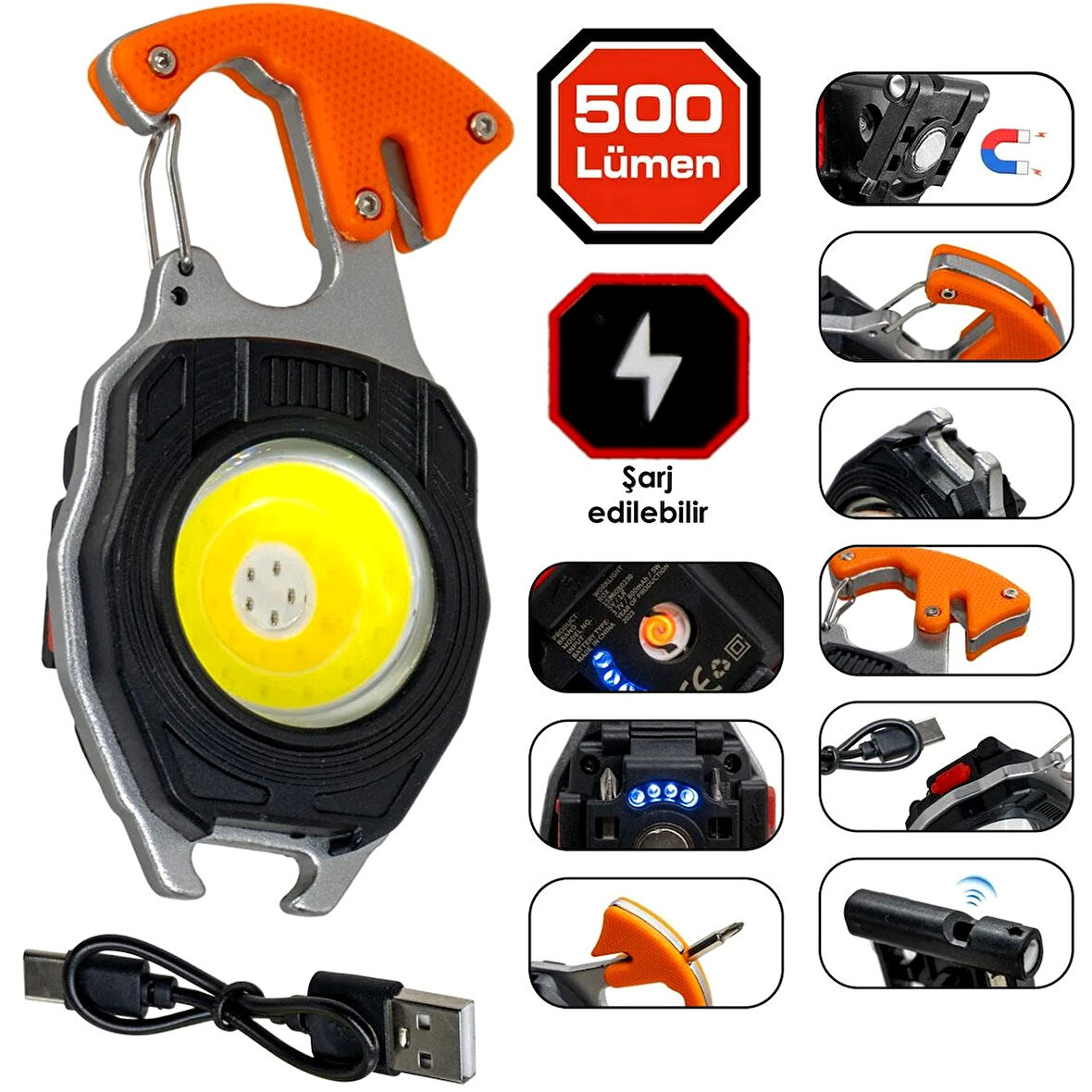 Büyük Boy 10,5 Cm Acil Durum Kamp Feneri Anahtarlık Usb Çakmaklı Cam Kırıcı Kemer Kesici Deprem Fen