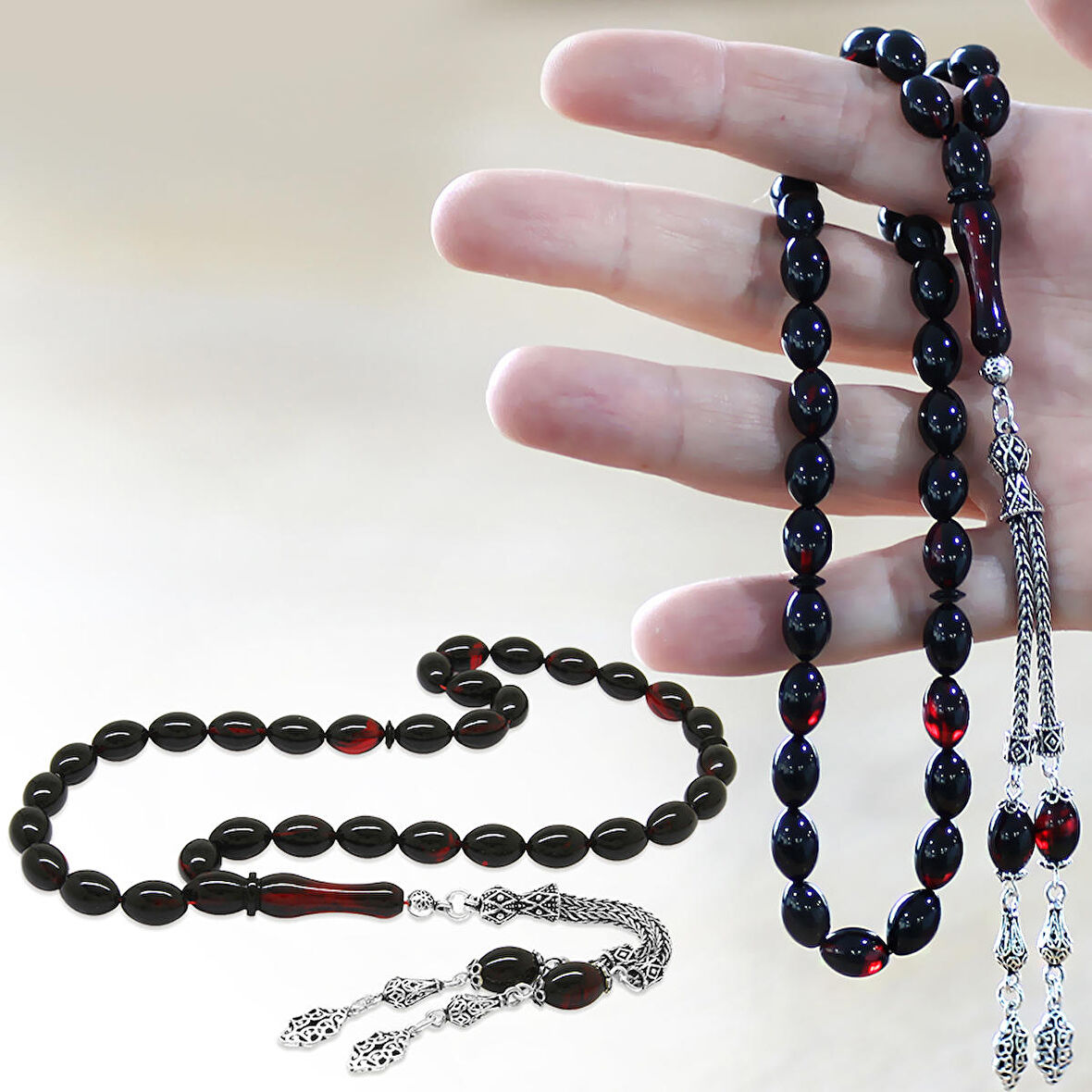 Tesbihane 925 Ayar Gümüş Çift Püsküllü Arpa Kesim Kırmızı-Siyah Ateş Kehribar Tesbih