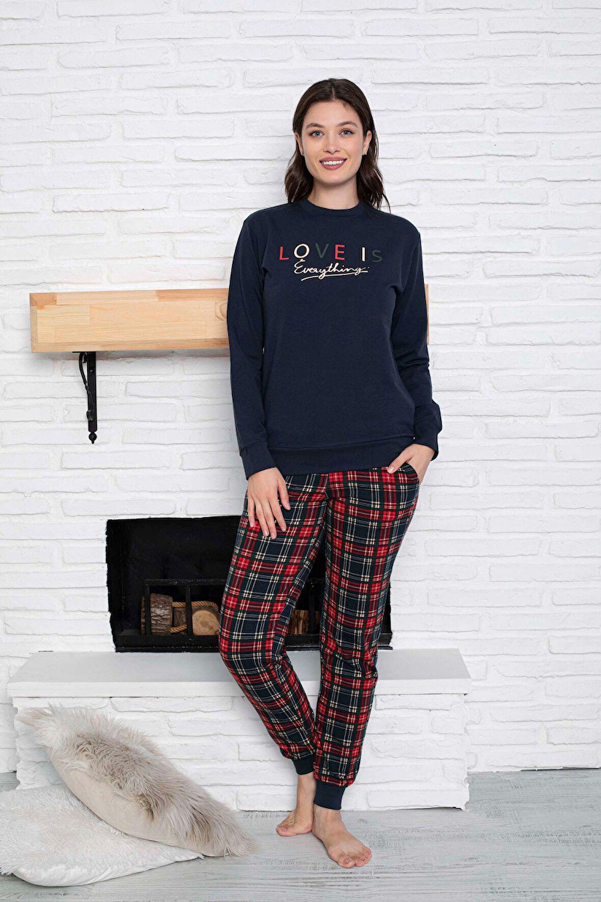Kadın Bisiklet Yaka Bilek Manşet/Lastikli 2 İplik Cepli Kışlık Jogger Eşofman Pijama Takımı Homewear