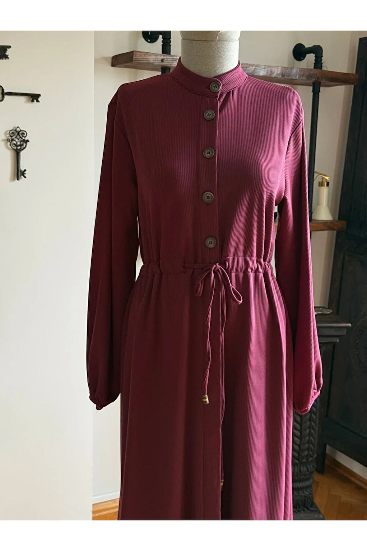 Şardonlu Bel Bağlamalı Yarım Pat Örme Elbise 2423 NAVRA |