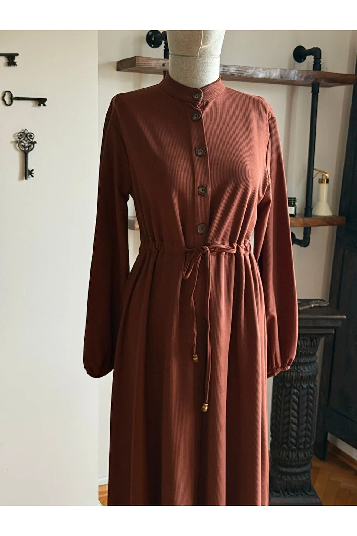 Şardonlu Bel Bağlamalı Yarım Pat Örme Elbise 2423 NAVRA |