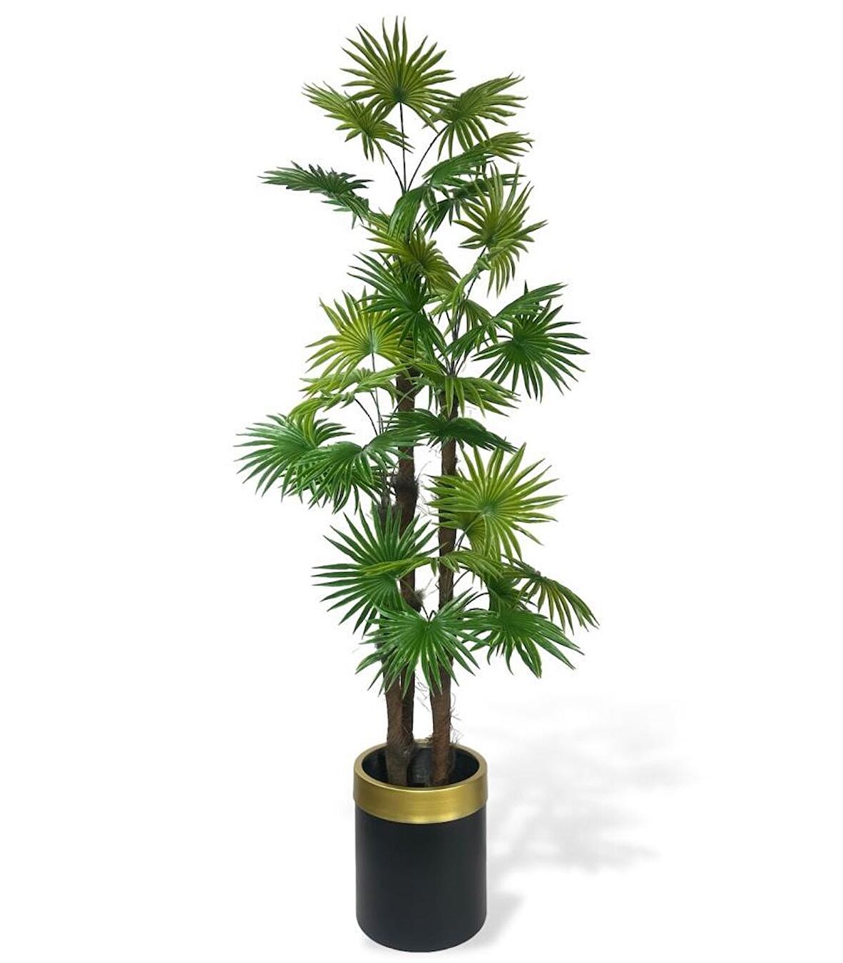Yapay Ağaç Yelpaze Palmiye 4Katlı Fanpalm 32 Yaprak Altın Kemerli Siyah Saksıda 170*65cm