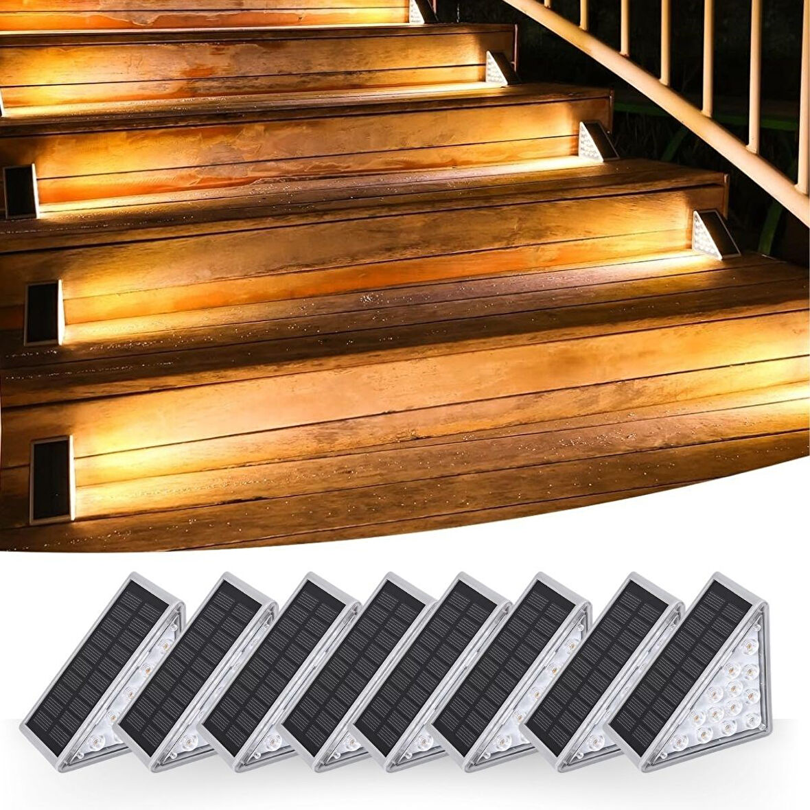 celikavm® 8 Adet Üçgen  Güneş Enerjisi ile Şarj Olan Dış Mekan Solar Basamak Köşe Lambası