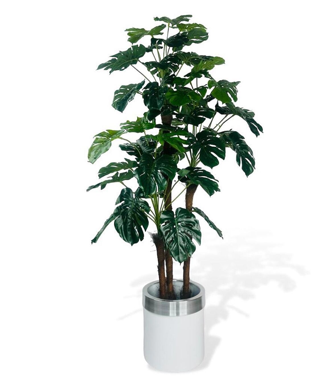 Yapay Çiçek Monstera Yeşil Deve Tabanı 3Katlı 135cm 54Yaprak Gümüş Kemerli Beyaz Saksıda Yapay Bitki