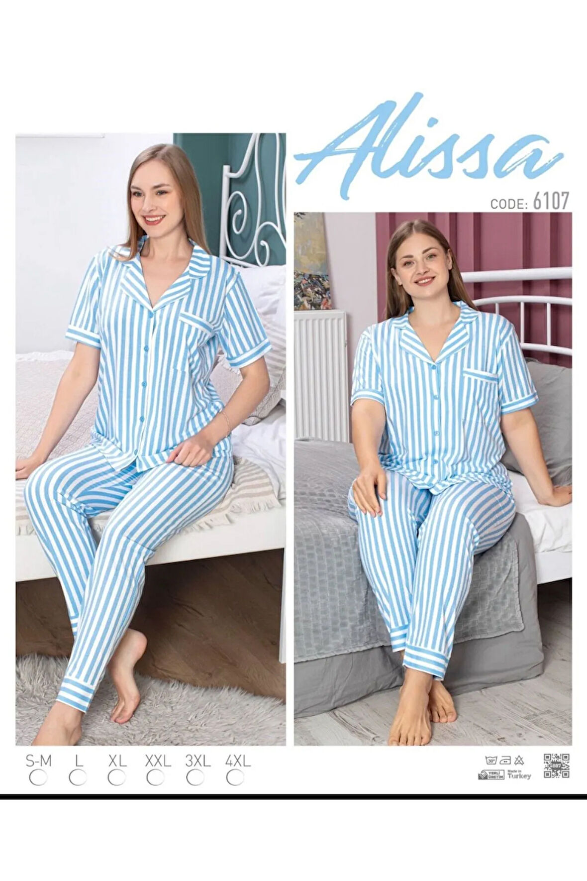 Kadın Pamuklu Mavi Pijama Takımı 6107