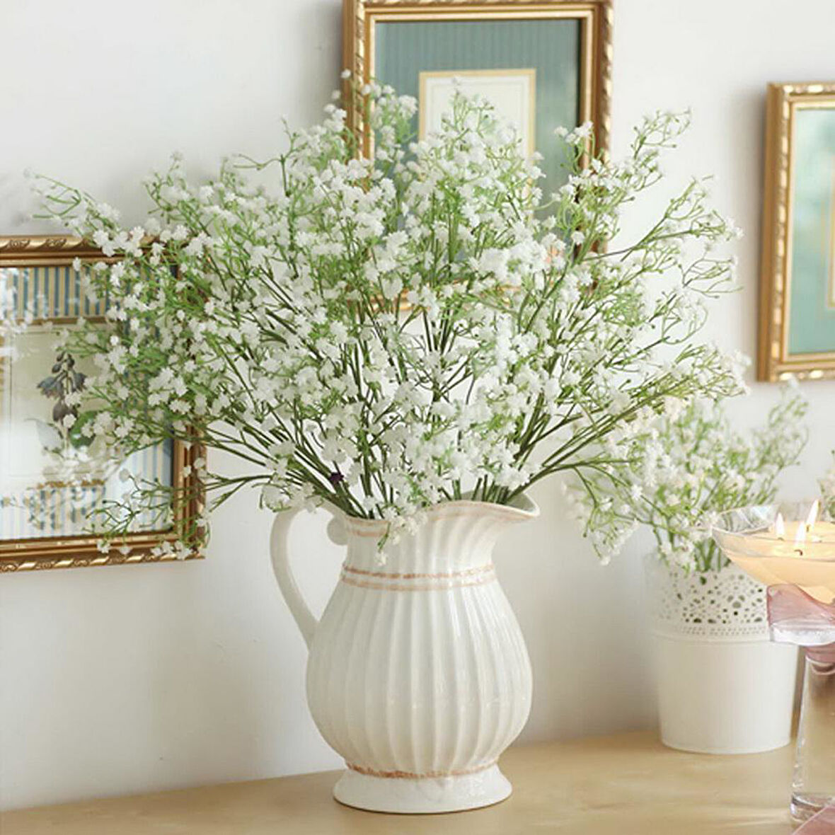 Uzun Dal Yapay Çiçek Plastik Beyaz Cipso 4Dallı 63cm