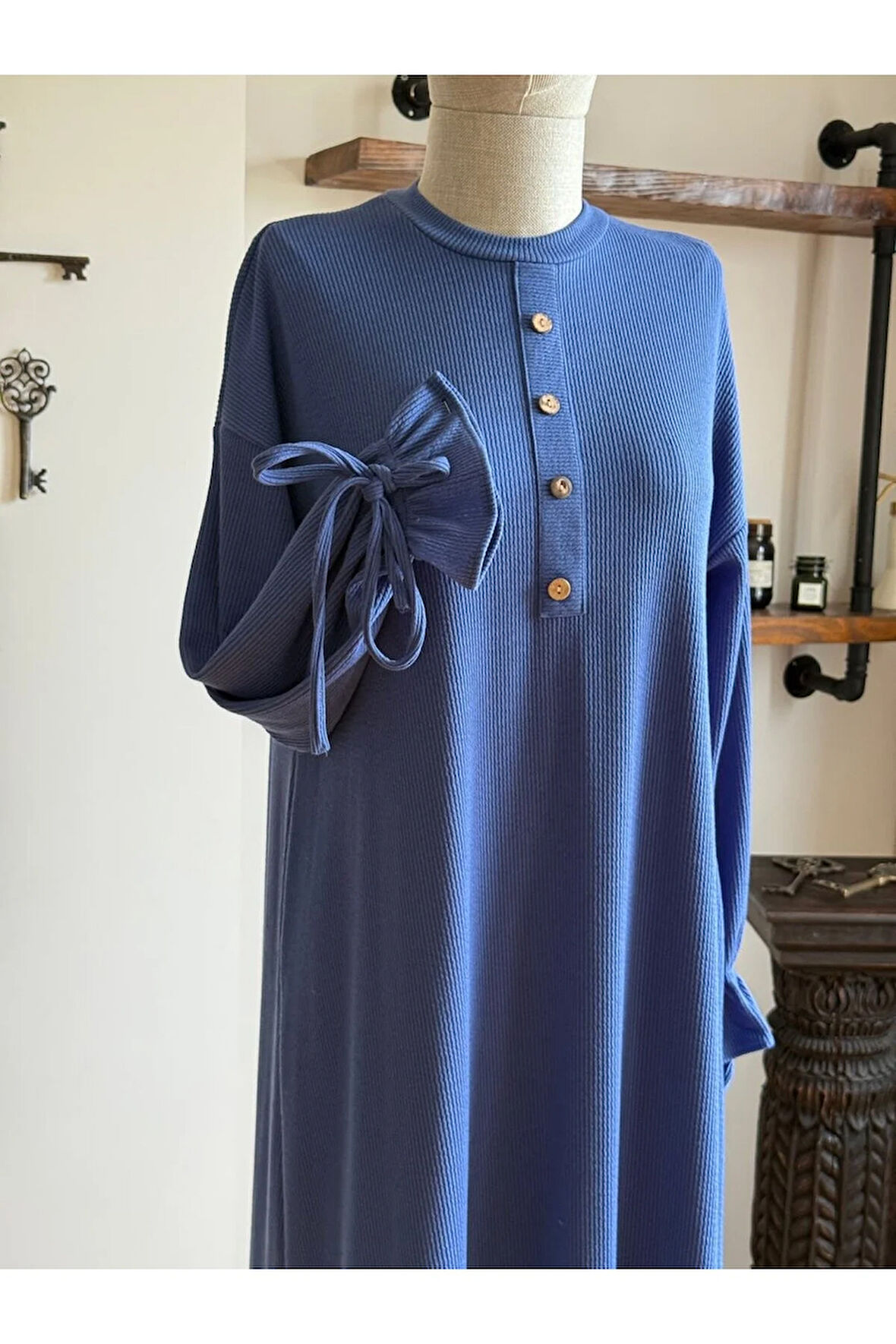 Süs Patlı Kol Bağlamalı Örme Elbise 2413 NAVRA |