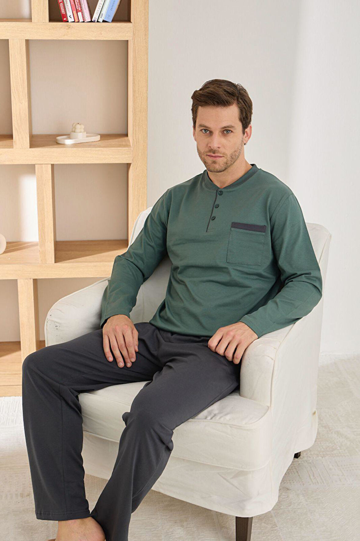 Pijamoni Erkek %100 Pamuk Penye Mevsimlik Uzun Kollu Pijama Takımı 6842