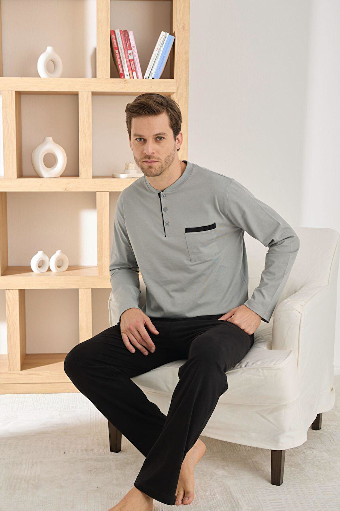 Pijamoni Erkek %100 Pamuk Penye Mevsimlik Uzun Kollu Pijama Takımı 6842