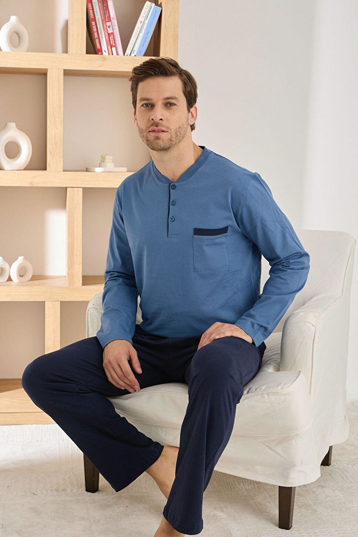 Pijamoni Erkek %100 Pamuk Penye Mevsimlik Uzun Kollu Pijama Takımı 6842