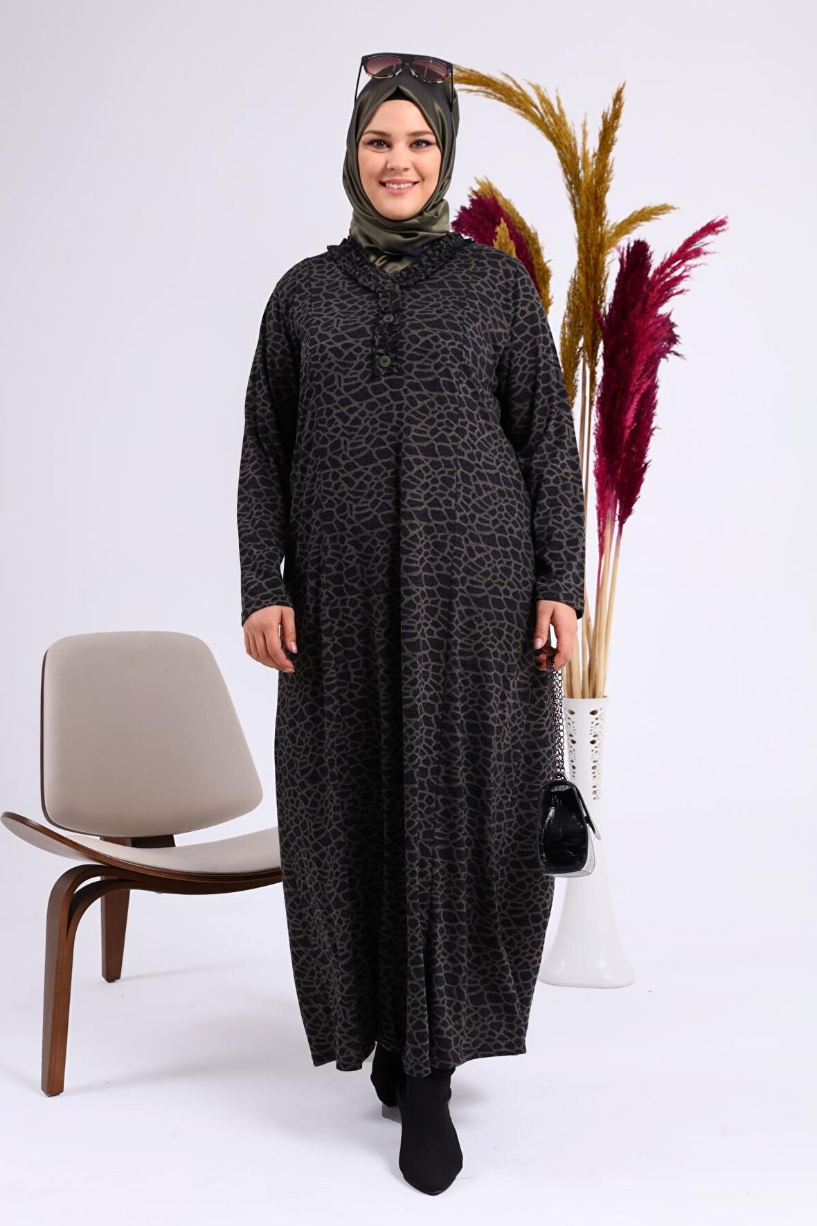 Kadın Büyük Beden Leopar Desenli Anne Elbisesi Kışlık