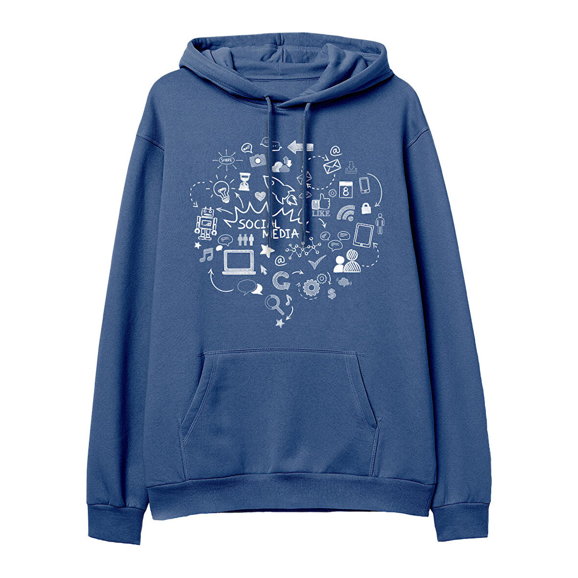 Social Media Baskılı Hoodie-Royal Mavi