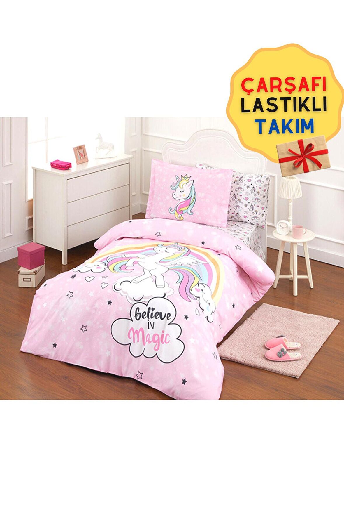 Unicorn Lastikli Çarşaflı Kız Çocuk Tek Kişilik Nevresim Takımı