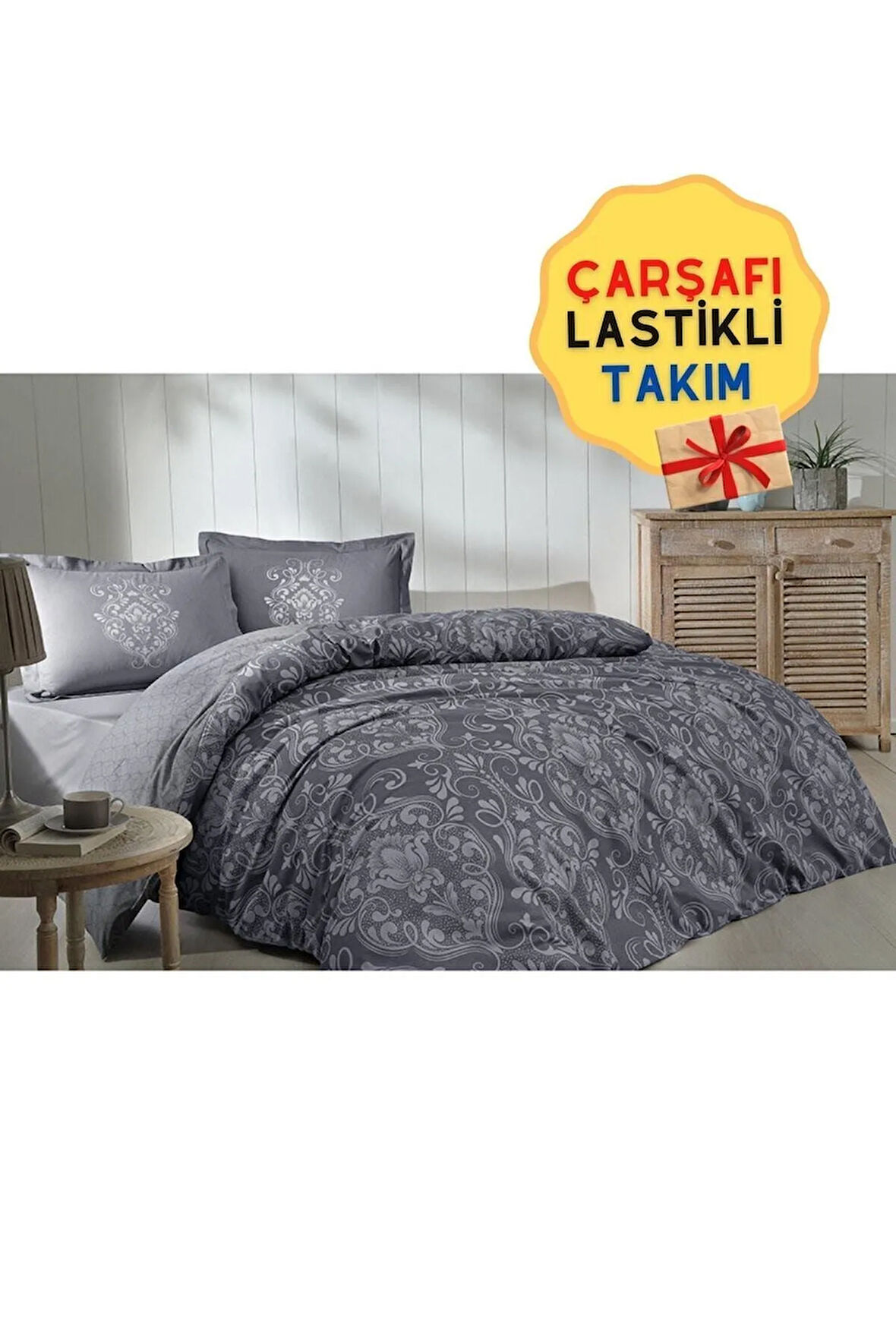 Antico Lastikli Çarşaflı Tek Kişilik Nevresim Takımı Antrasit