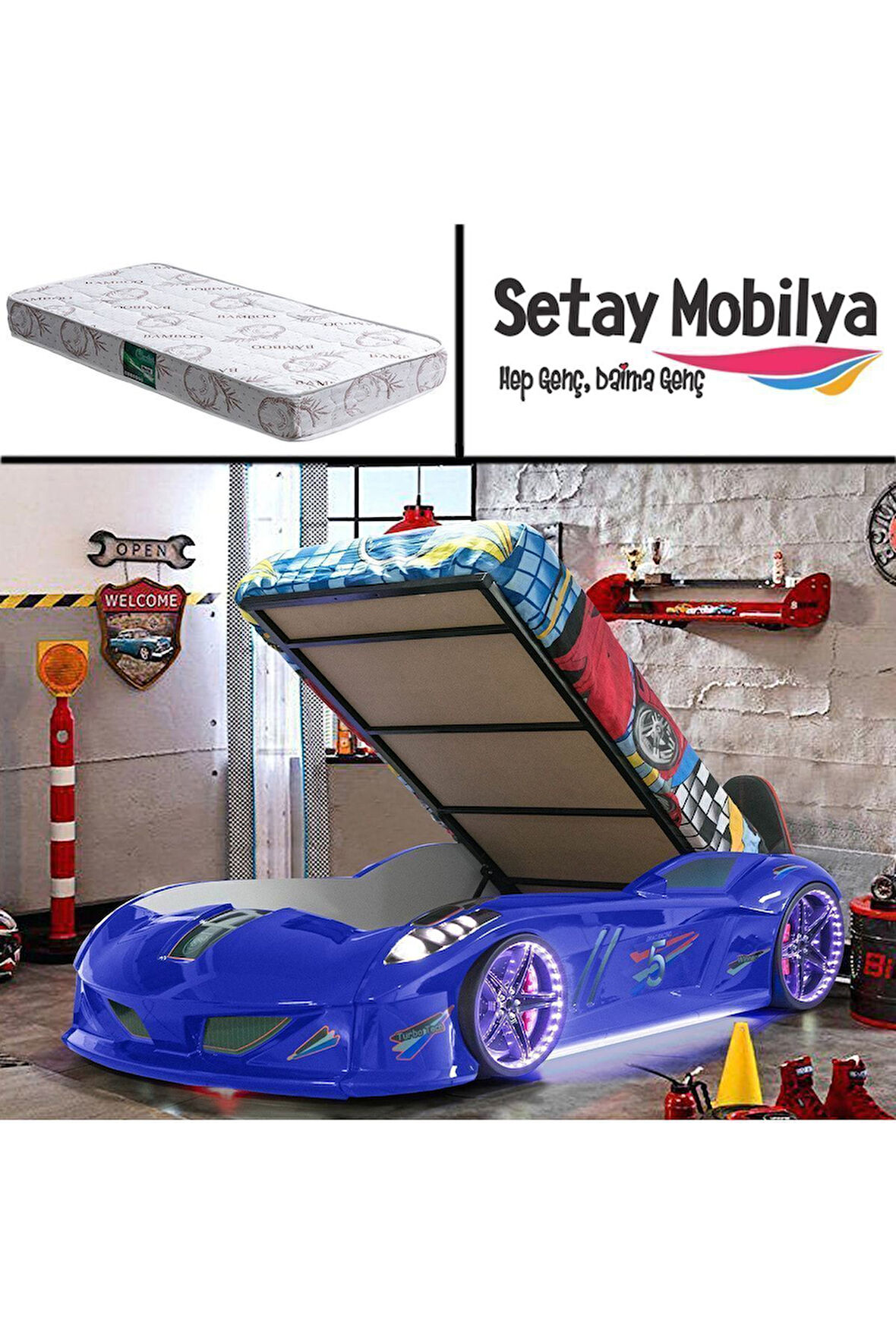 Arabalı Yatak, Jaguar Bazalı Koltuklu Full Ledli Arabalı Yatak - Mavi 1 Adet Comfort Yatak