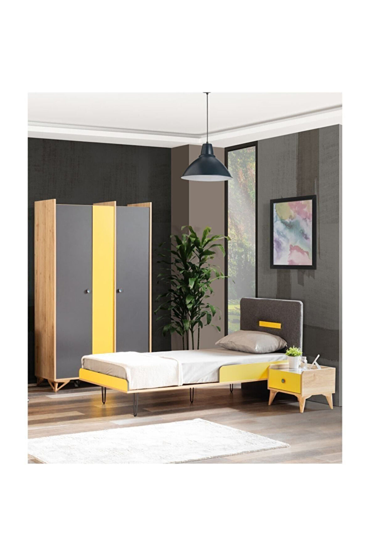 Tarz Genç Odası - 3 Kapaklı Dolap, Karyola, Komodin