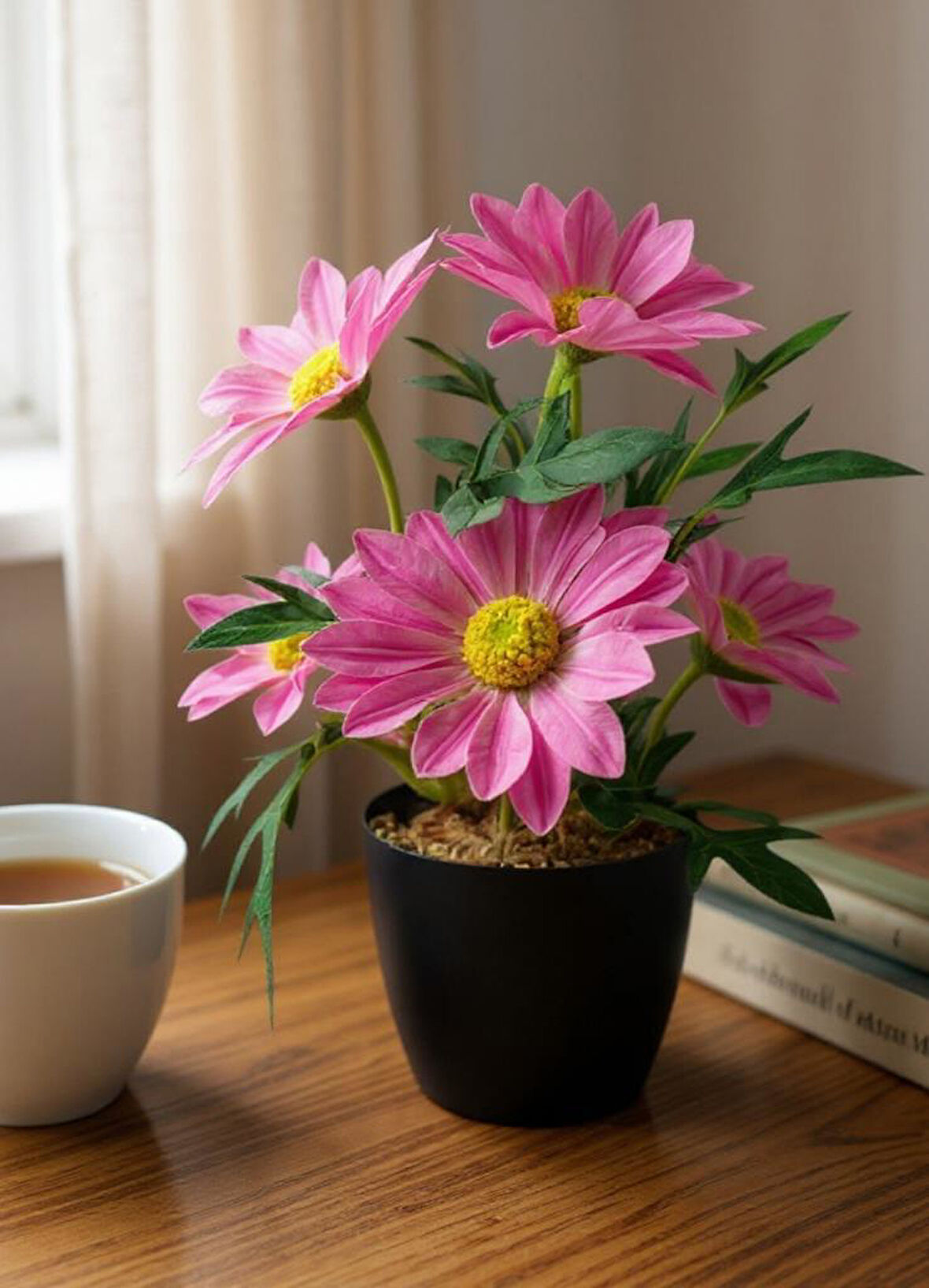 Yapay Çiçek Pembe Margarit Papatya Siyah Saksıda Dekoratif Yapay Çiçek 30*25cm