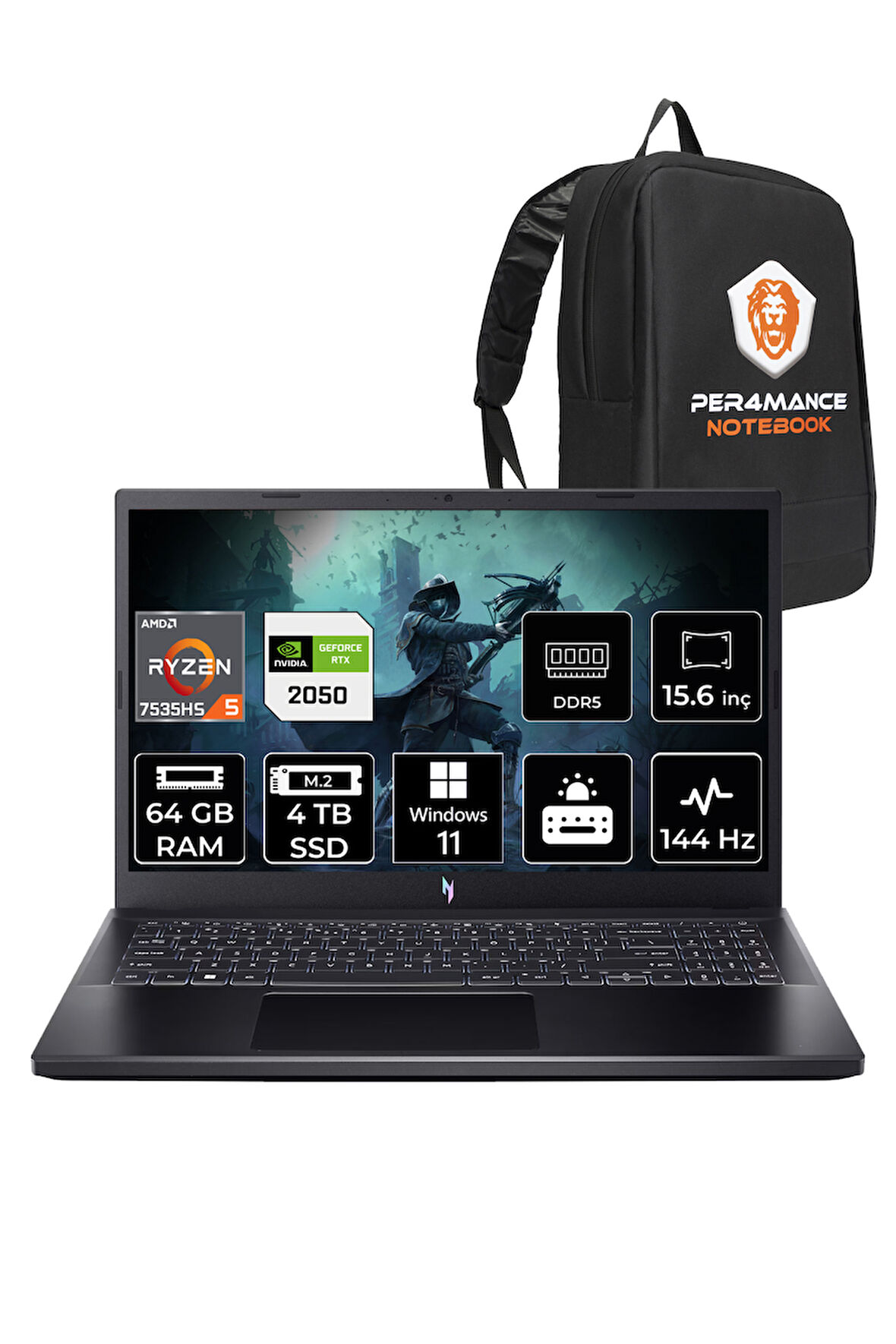 ACER Nitro V15 R5 7535HS 64GB 4TB SSD RTX2050/4GB 15.6'' 144Hz FHD W11P Gaming Laptop & PER4 ÇANTA