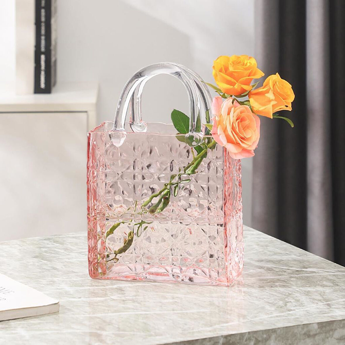 Çanta Vazo Köşeli Model Cam Çiçek Vazosu Dekoratif Pembe Vazo Büyük Boy Glass Bag Vase