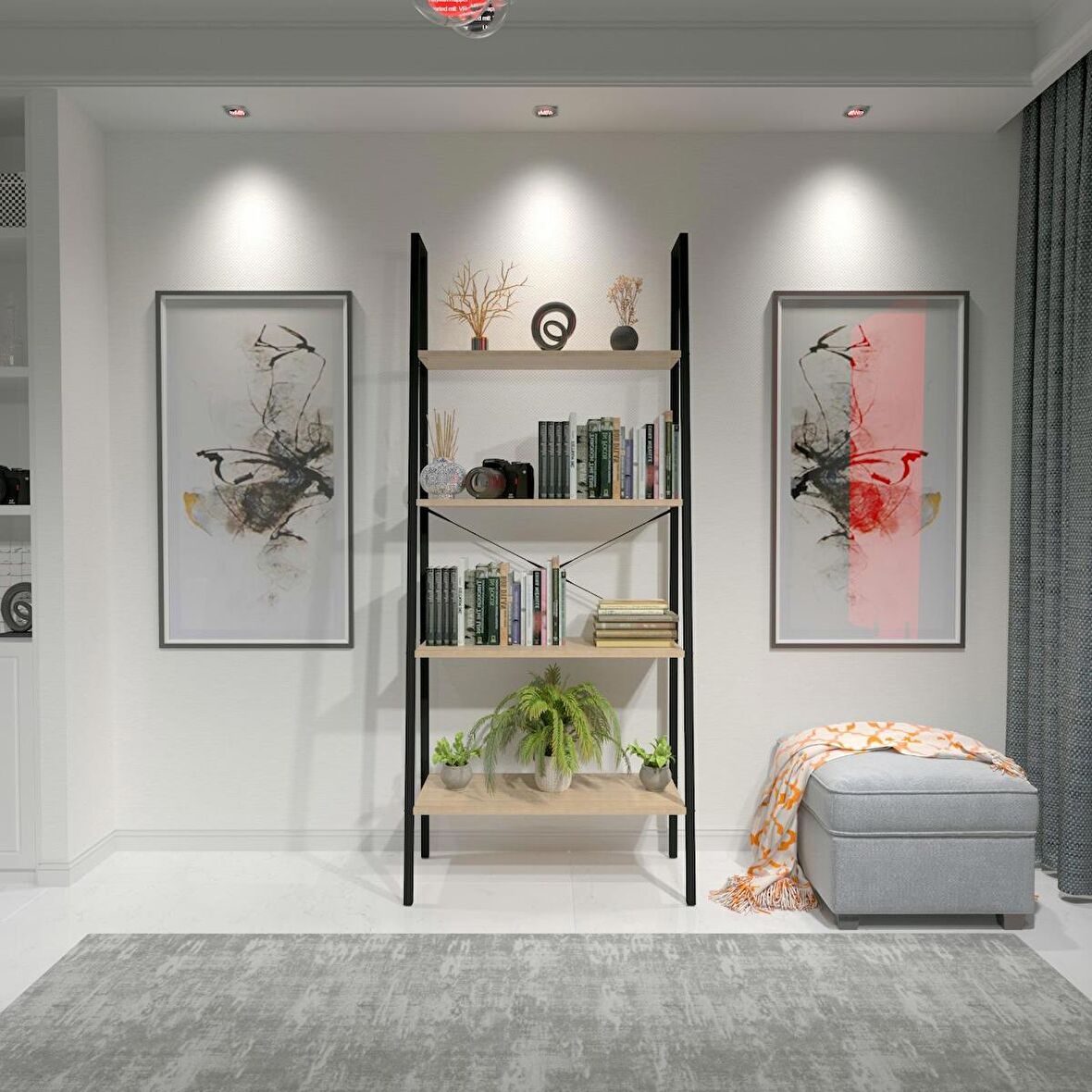 Dekoratif Ahşap Ve Metal Kitaplık Çok Amaçlı Raf