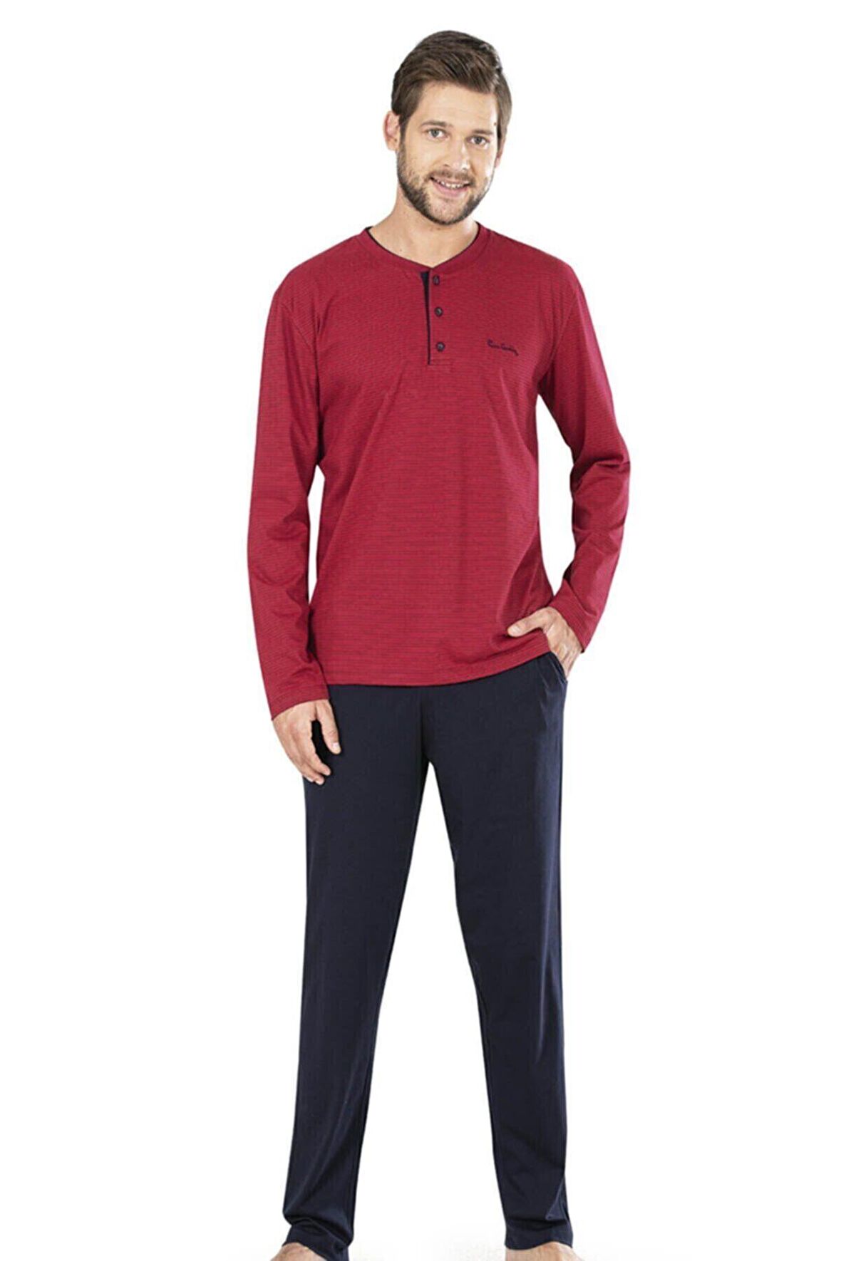Bordo Renk Çizgili Uzun Kollu Erkek Pijama Takımı