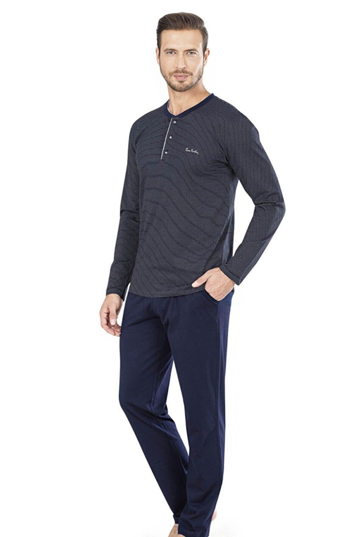 Lacivert Renk Çizgili Uzun Kollu Erkek Pijama Takımı