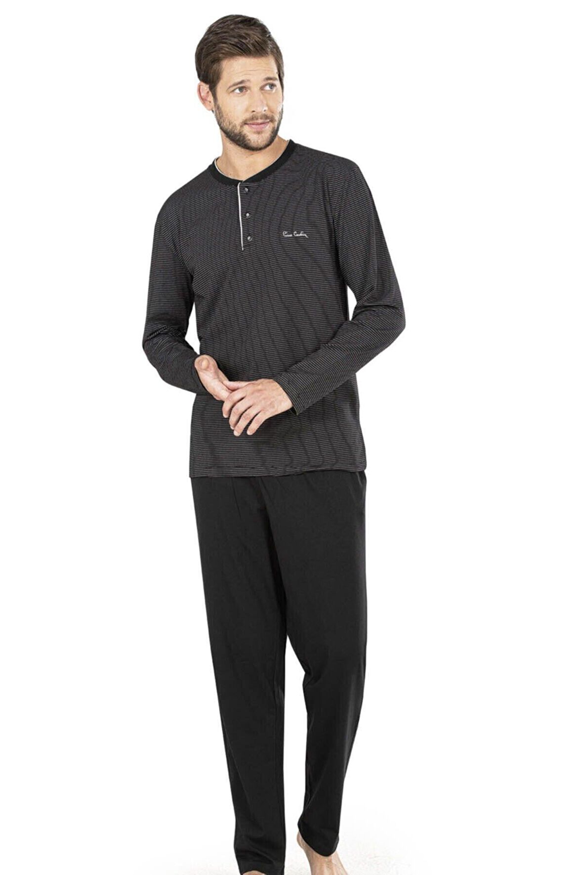 Siyah Renk Çizgili Uzun Kollu Erkek Pijama Takımı