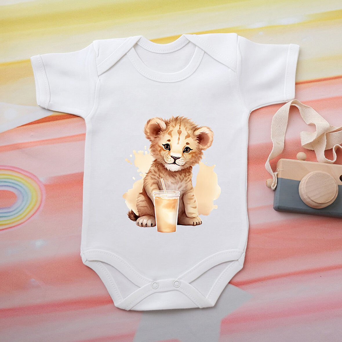 Aslan Desenli Bebek Zıbını - %100 Pamuk, Kısa Kollu, Bebek Giyim