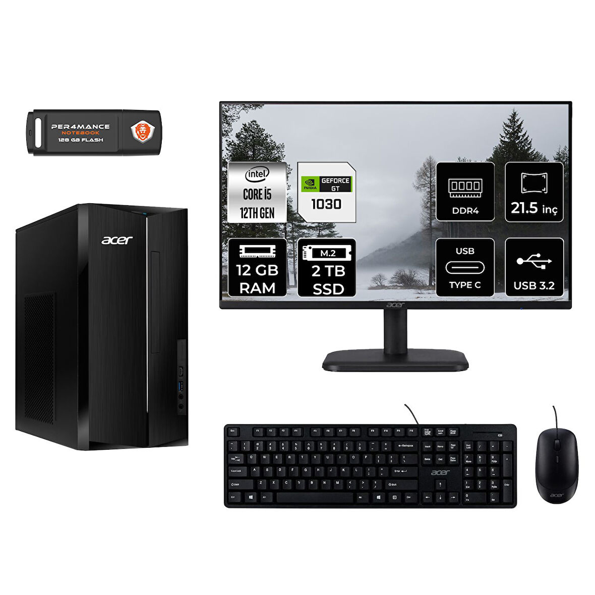 ACER ASPİRE TC1760 MDT005D459 i5 12400 12GB RAM 2TB SSD GT1030 4GB 21.5" FDOS MASAÜSTÜ PC
