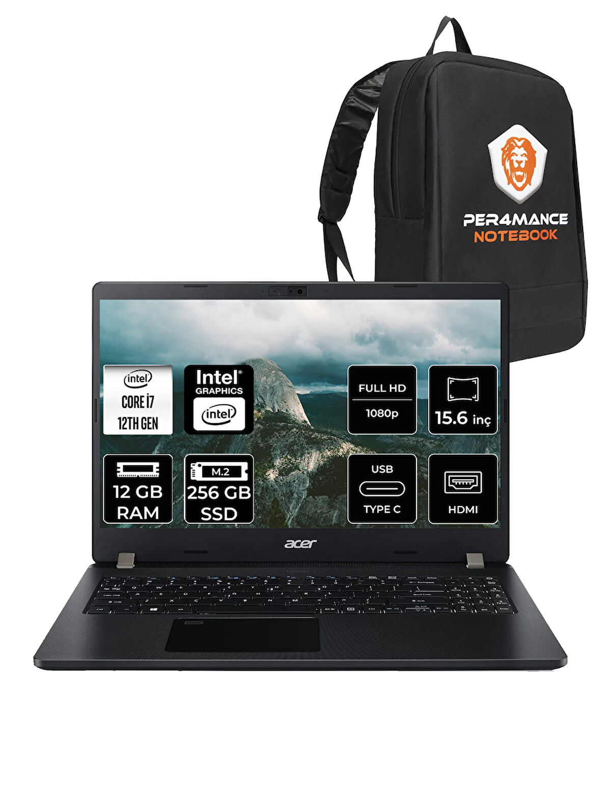 ACER TravelMate P2 i7 1255U 12GB RAM 256GB SSD 15.6'' FHD FDOS Taşınabilir Bilgisayar & PER4 ÇANTA