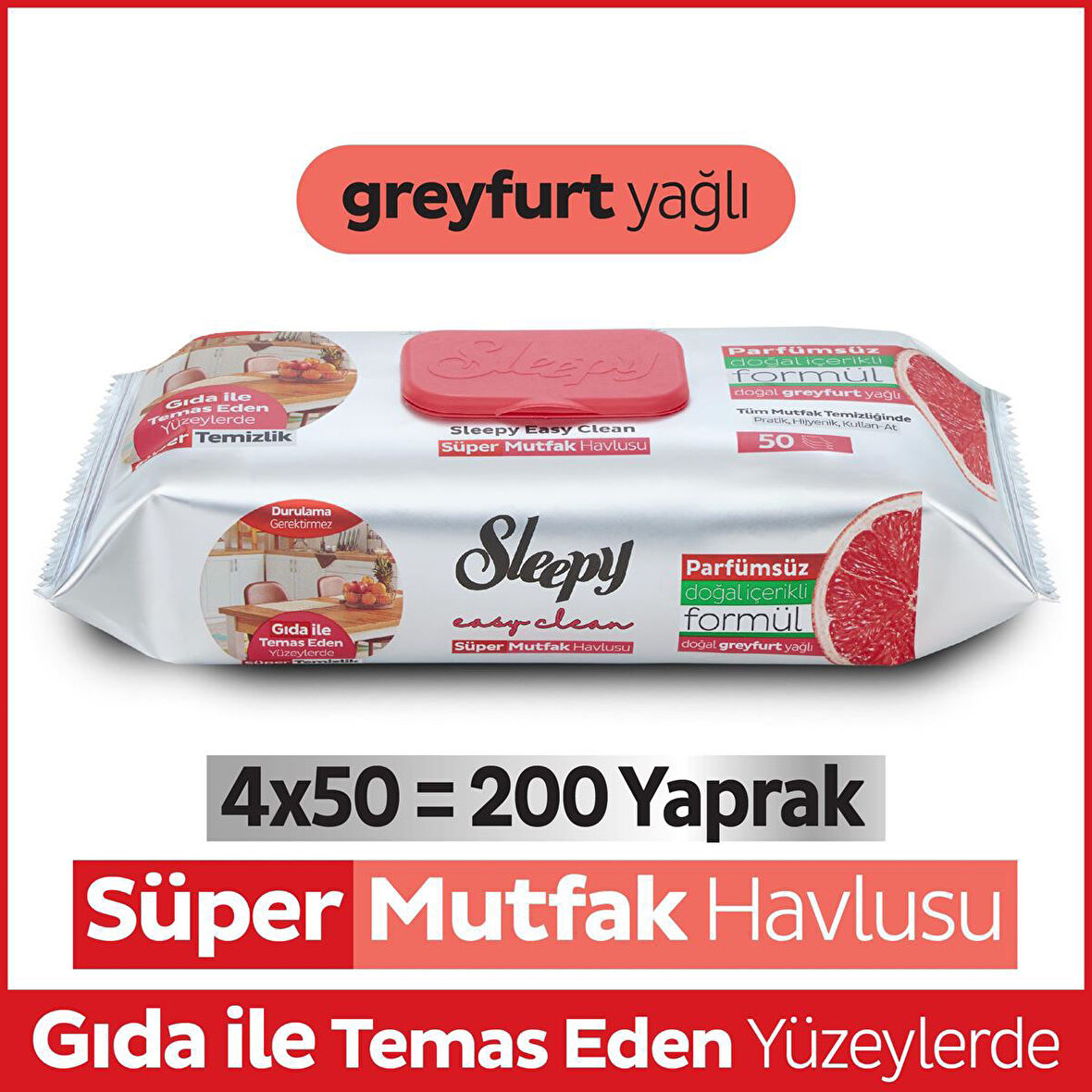Sleepy Easy Clean Süper Yüzey Tem.Mutfak Havlusu&Mendili Greyfurt Yağlı 4X50 (200 Yaprak)