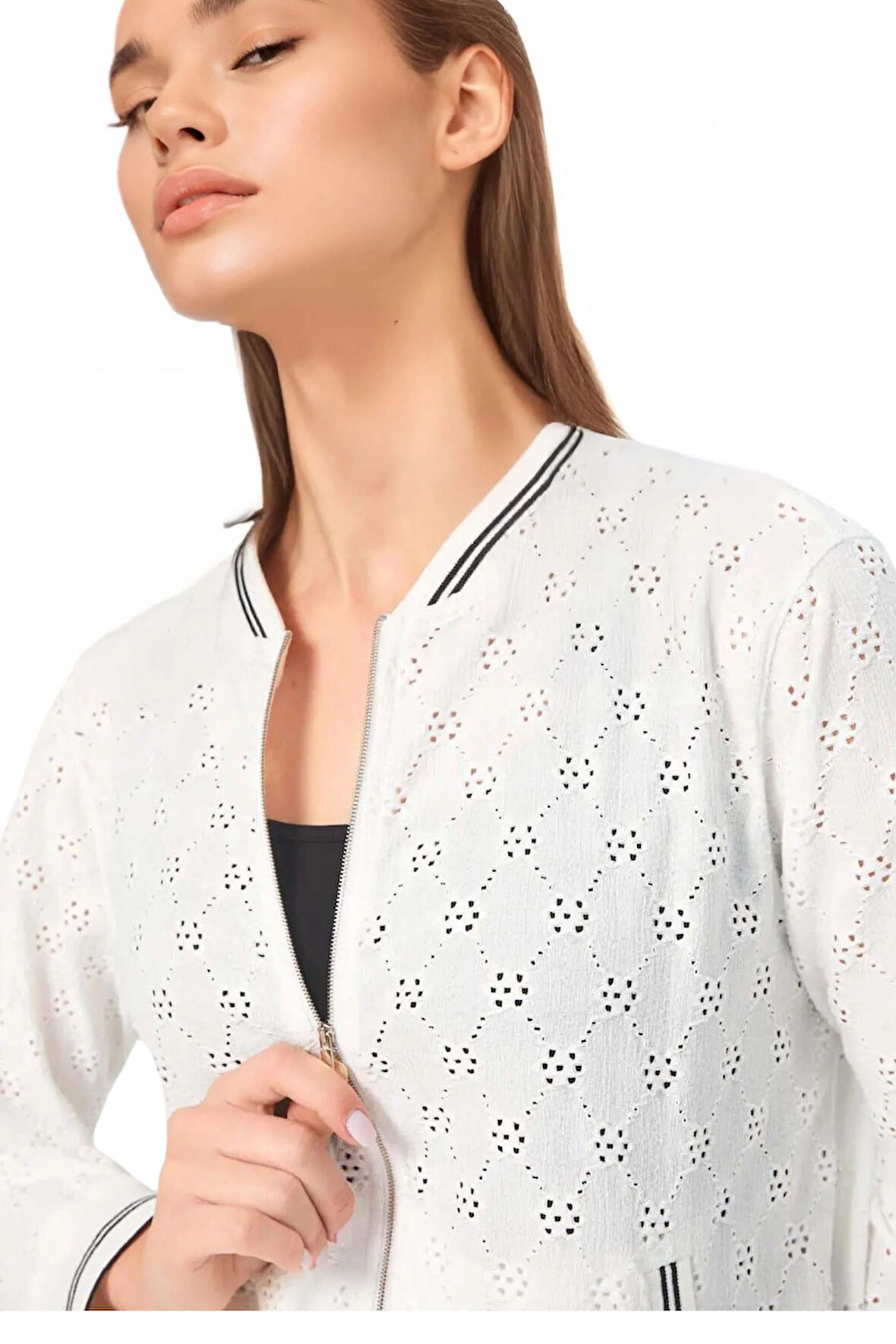 Faik Sönmez U68203 Triko Şerit Detaylı Bomber Ceket Ekru