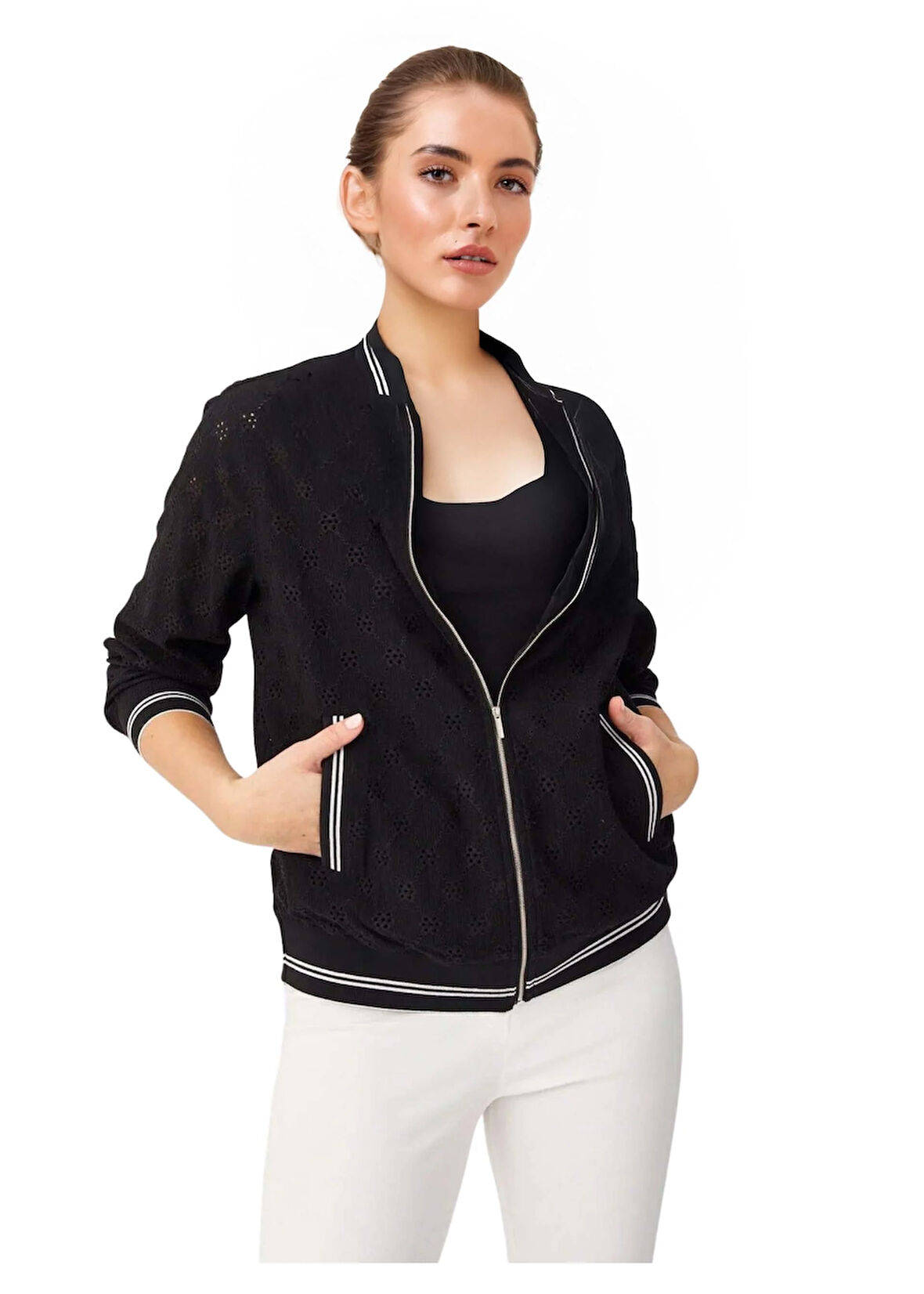 Faik Sönmez U68203 Triko Şerit Detaylı Bomber Ceket Siyah