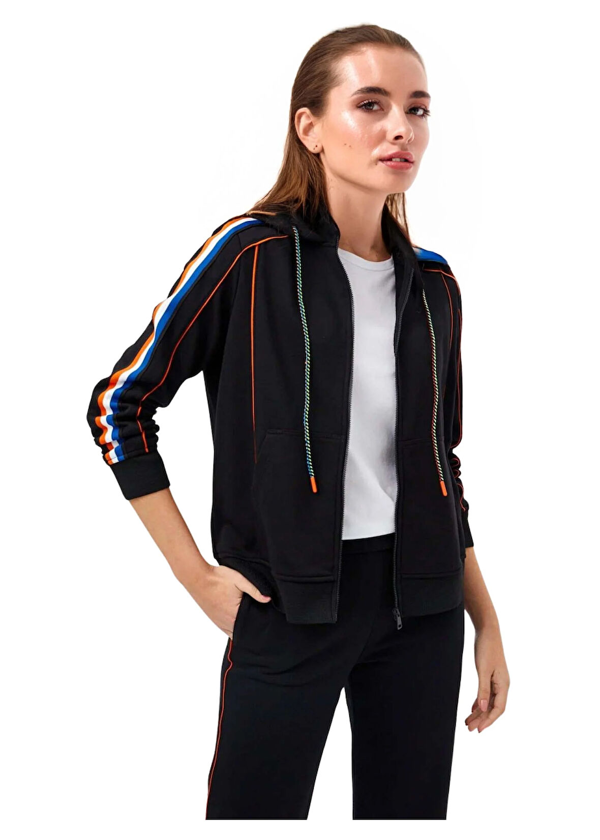 Faik Sönmez U68337 Kontrast Renk Şerit Detaylı Eşofman Üst Siyah