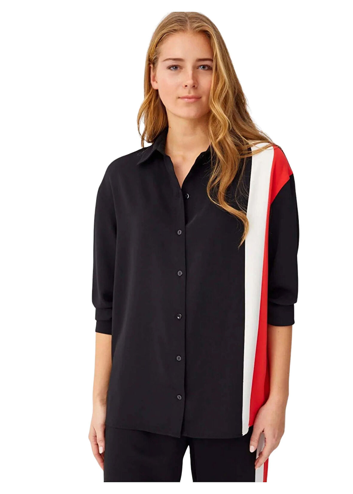 Faik Sönmez U68686 Renk Bloklu Düğmeli Tunik Siyah