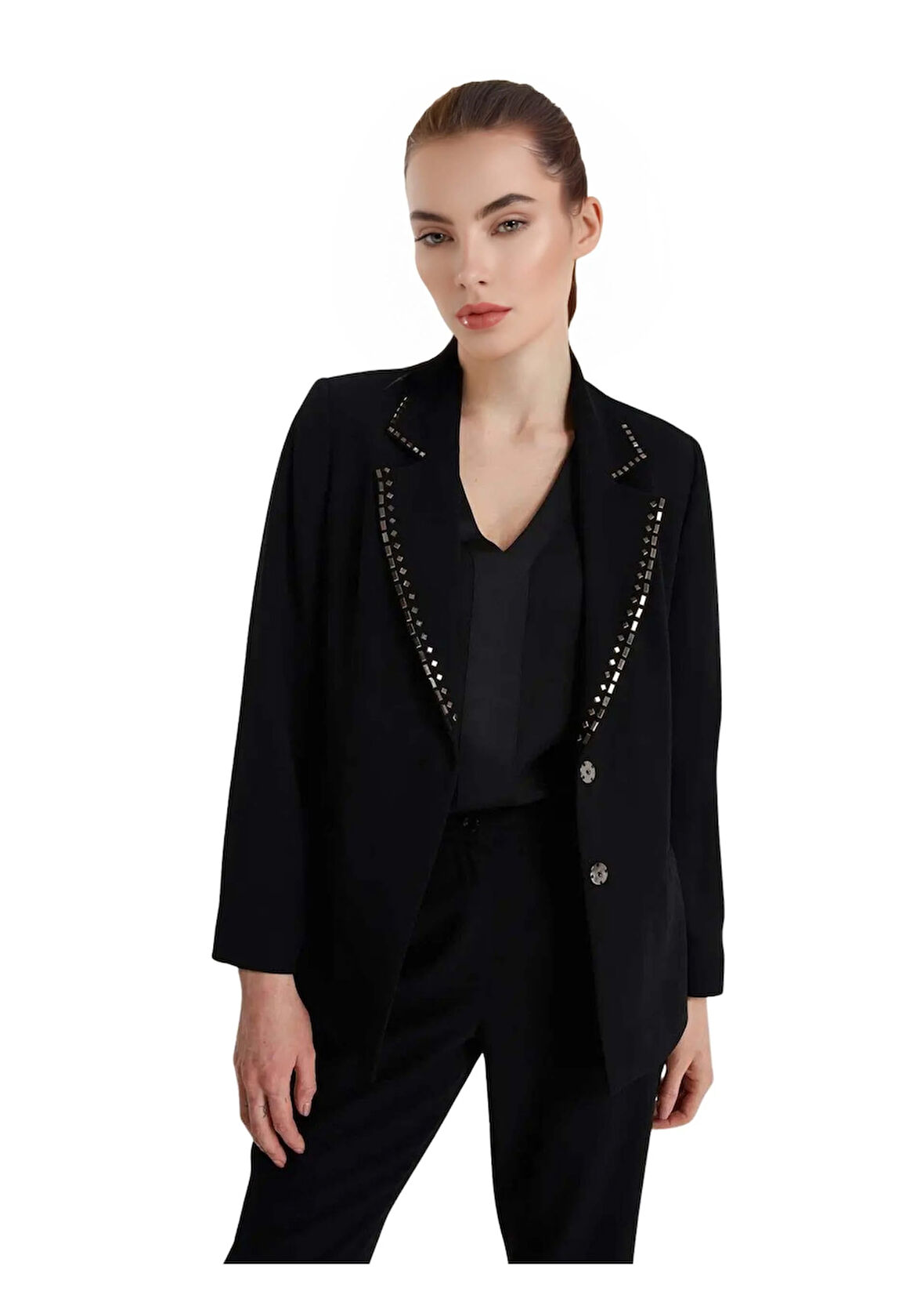 Faik Sönmez U66127 Taş Detaylı Krep Ceket Siyah
